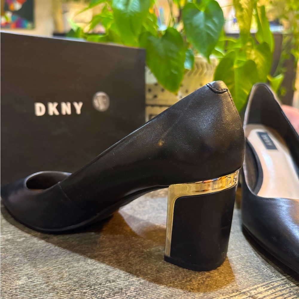 DKNY Black Elie Block Heel with Gold Accent